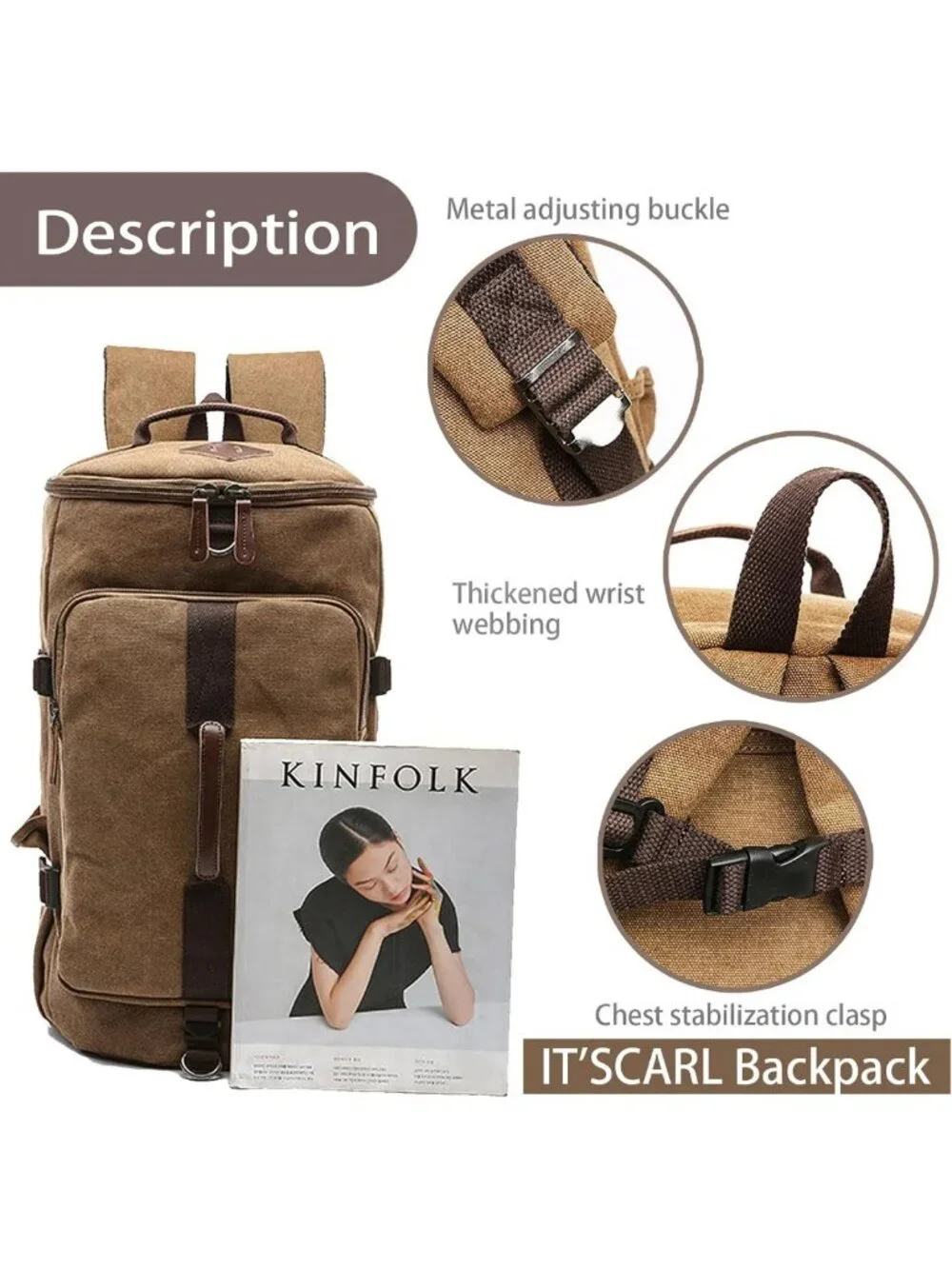 Large Canvas Travel Backpack for Men - Stylish Carry-On Work Bag in Khaki